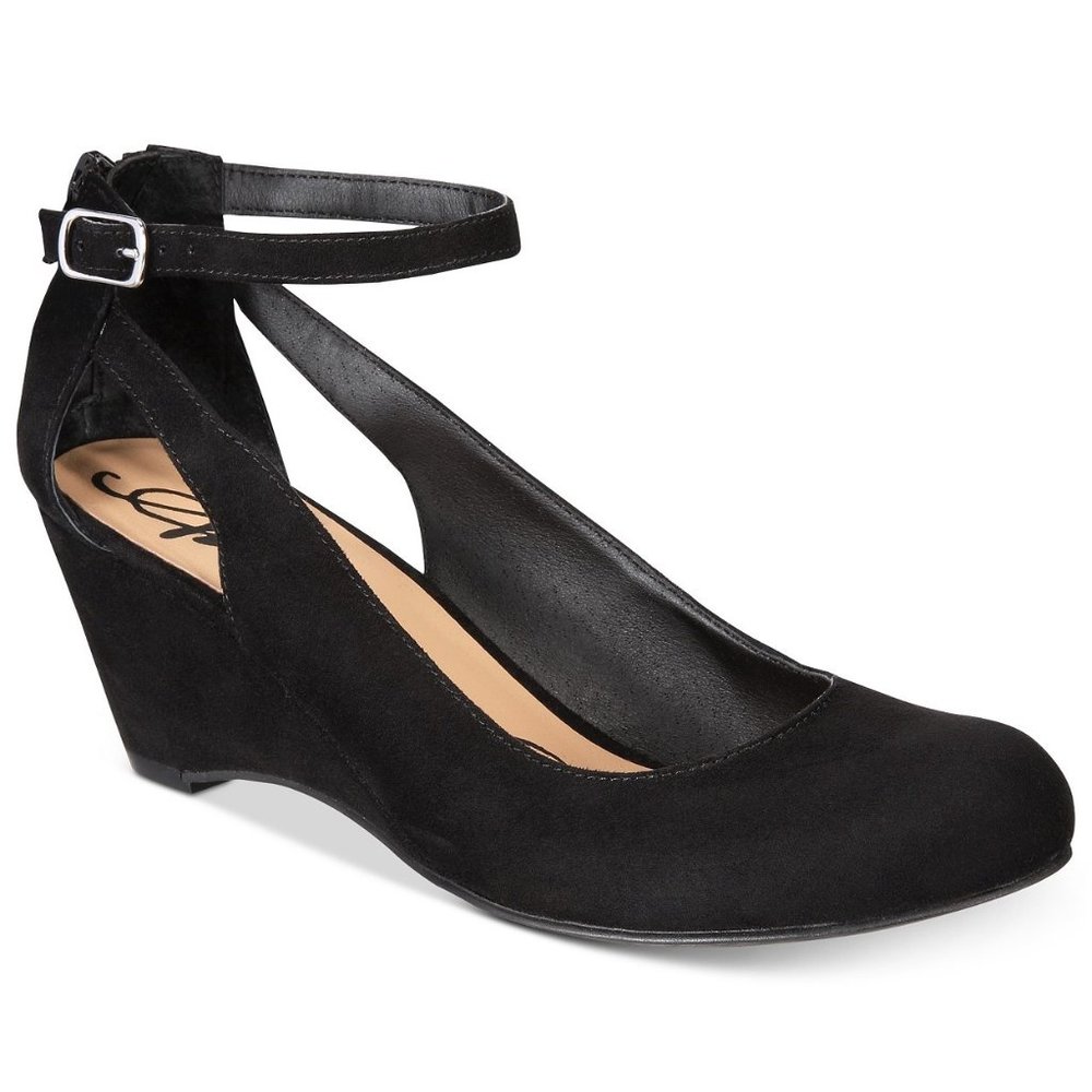 American Rag Miley Women Ankle Strap Wedge Heels Black Micro Faux Suede